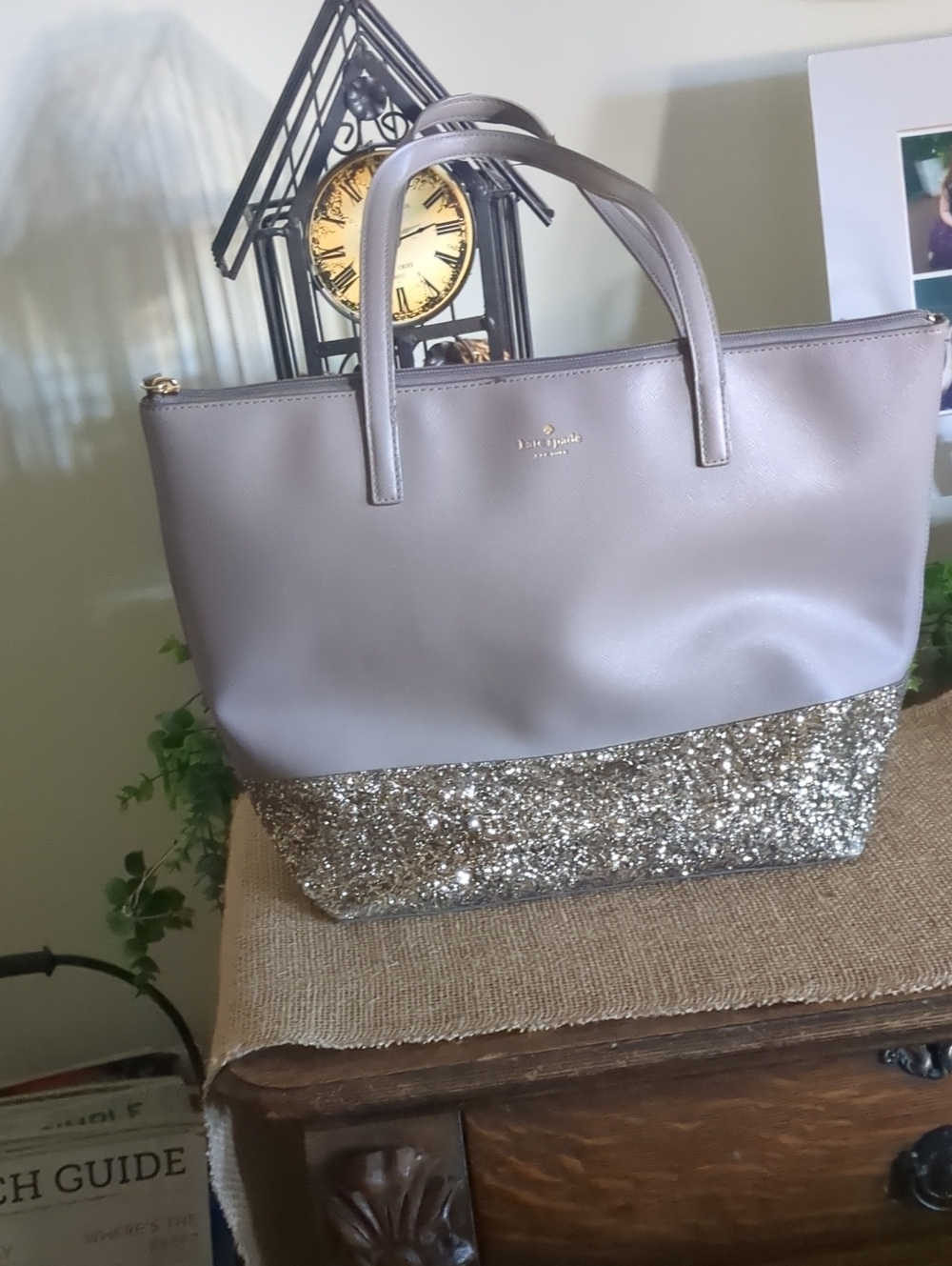 kate spade Gray Tote with Gold Glitter Base Accent